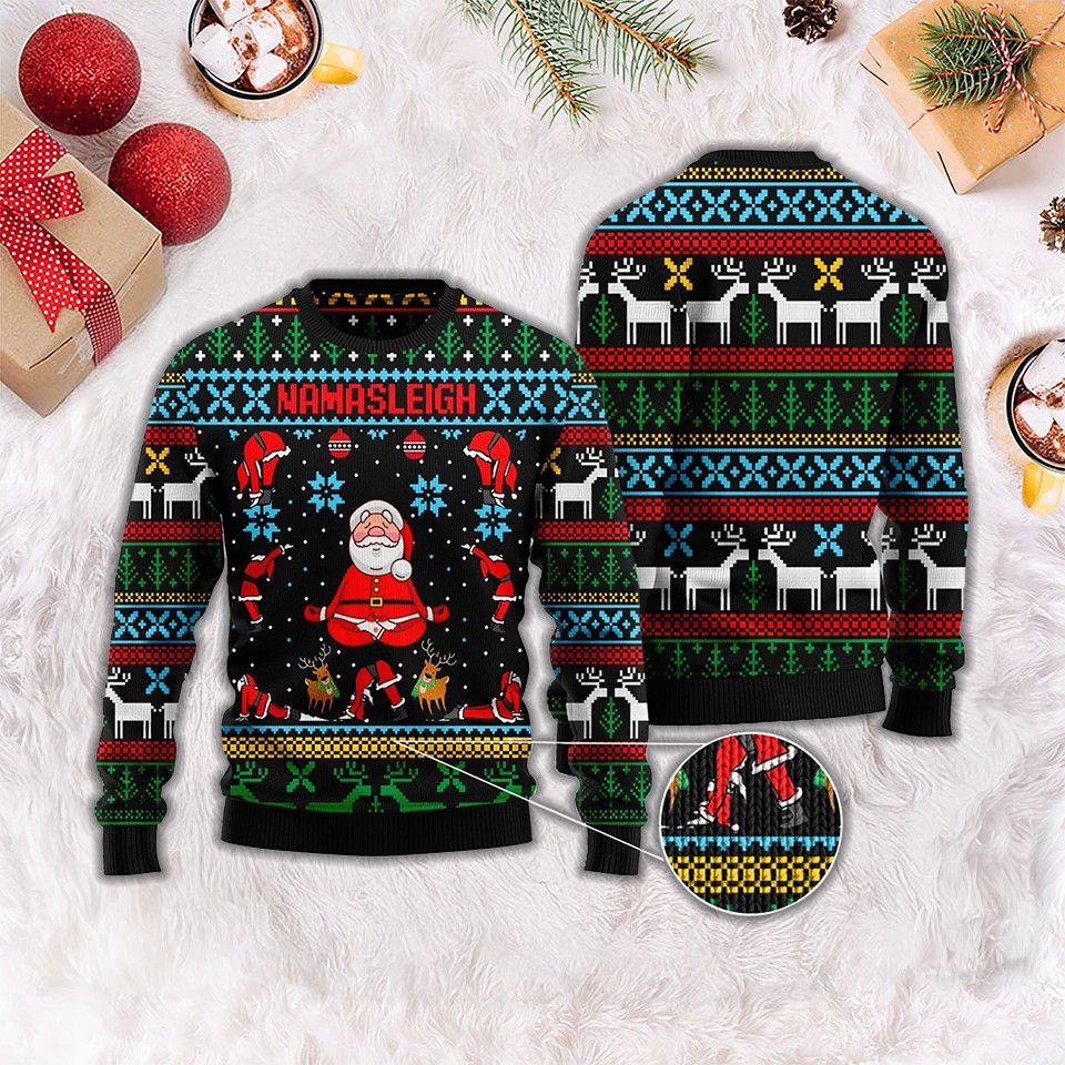Namasleigh Santa Ugly Christmas Sweater Funny Gifts For Yoga And Meditation Lovers