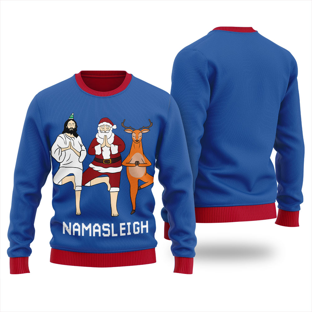 Namasleigh Yoga Mens Ugly Christmas Sweater Popular Holiday Gift Merch for Everyone