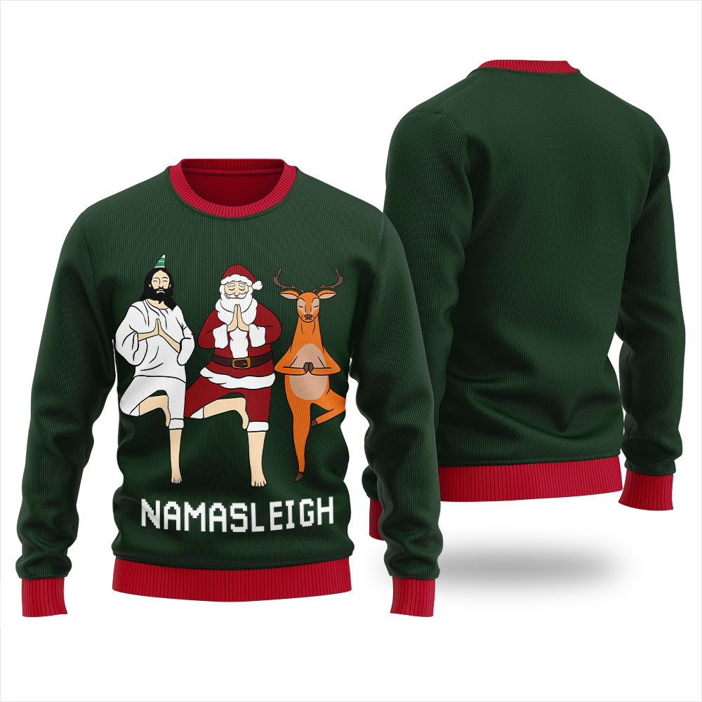 Namasleigh Yoga Ugly Christmas Sweater Funny Holiday Sweater for Family Gatherings