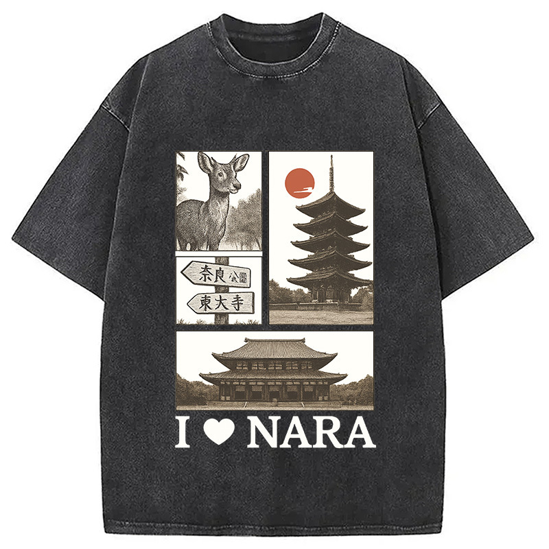 NARA Love Vintage Japanese Washed T-Shirt Funny Aesthetic Trendy Apparel Gifts For Him