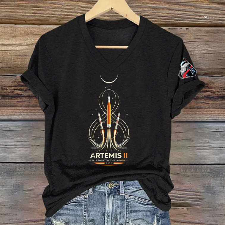 NASA Artemis 2 Mission V-Neck T-Shirt Rocket Launch Moon Crescent Clothing Gift For Her