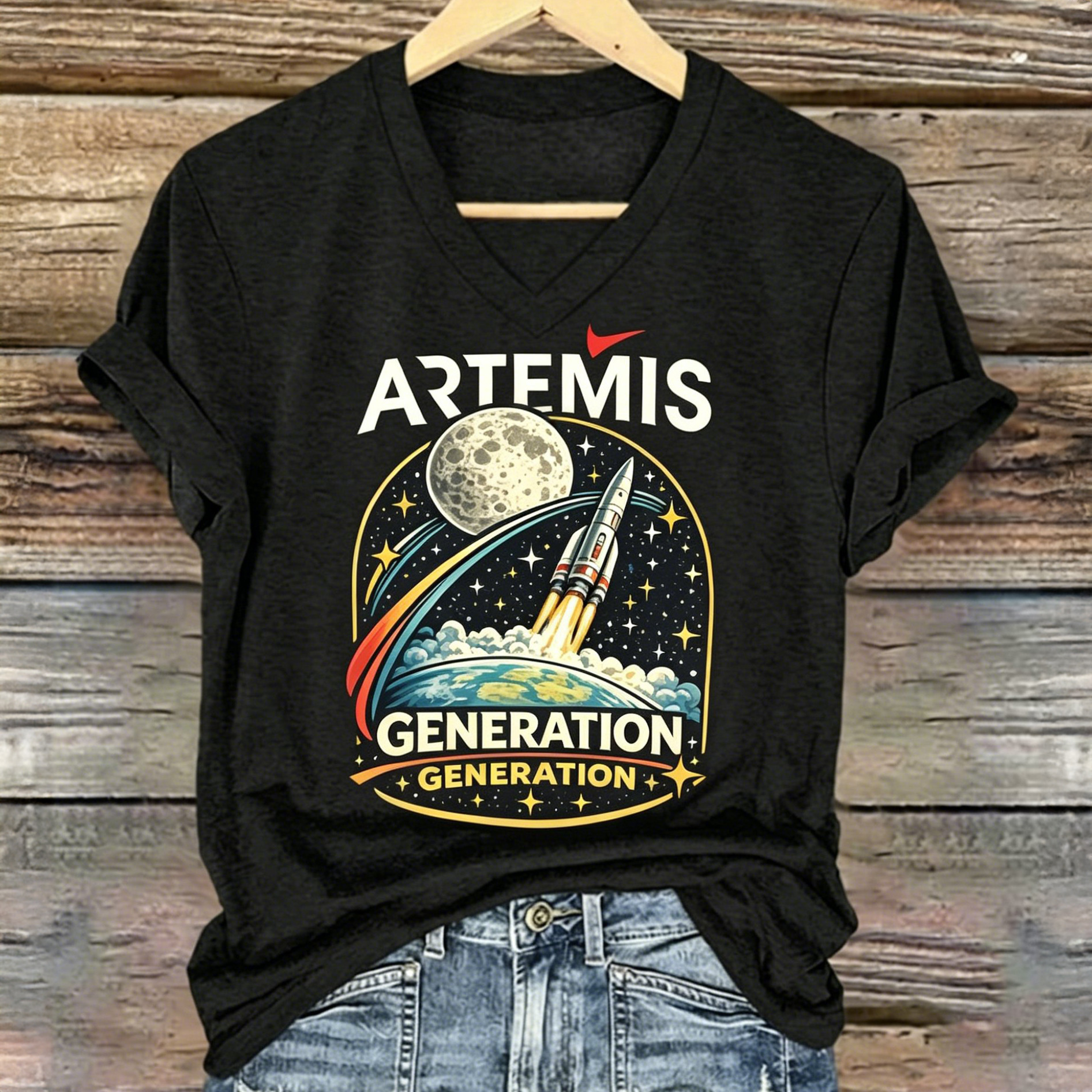 NASA Artemis 2 Mission V-Neck T-Shirt Rocket Launch To Moon Merchandise Science Student Gift