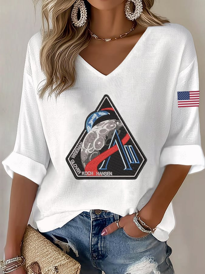 NASA Artemis II 2026 V-Neck Long Sleeve Shirt NASA Moon Mission Logo Space Clothing Gift Ideas