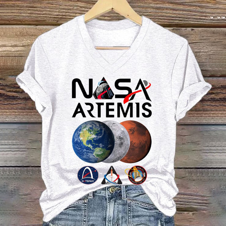 NASA Artemis II Lunar Orbit Mission V-Neck T-Shirt E Moon Mars Planets Merch Gift For Astronomy Fans