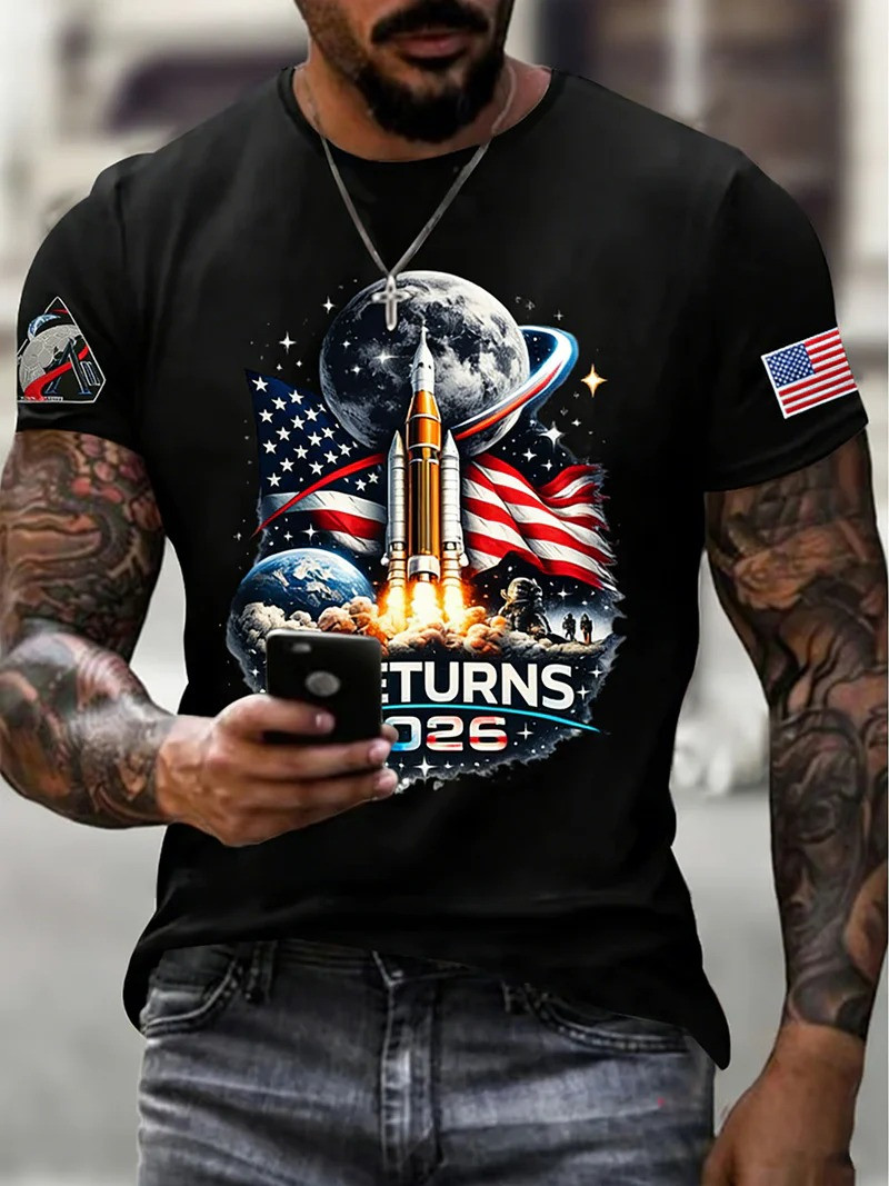 NASA Artemis II Returns 2026 T-Shirt NASA Moon Mission Rocket USA Flag Clothing Gift For Men