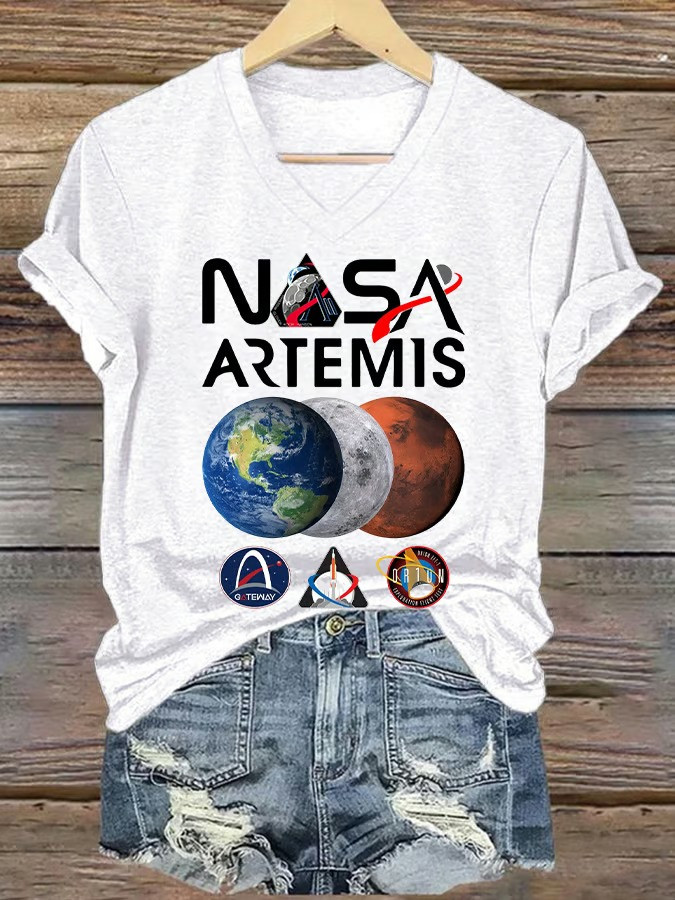 NASA Artemis II V-Neck Shirt Moon To Mars Exploration Apparel Astronomy Lover Gift