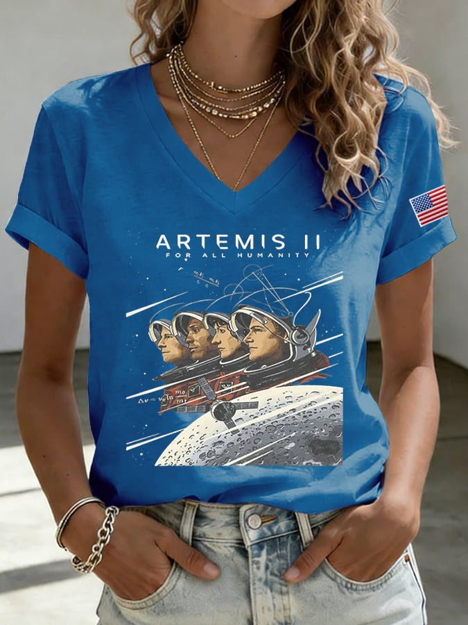 NASA Artemis II V-Neck T-Shirt Astronauts On Moon Mission Apparel Gift For Science Teacher