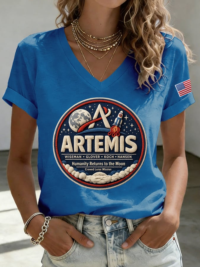 NASA Artemis Word Art V-Neck T-Shirt Humanity Returns To Moon Clothes Gift For Space Lover