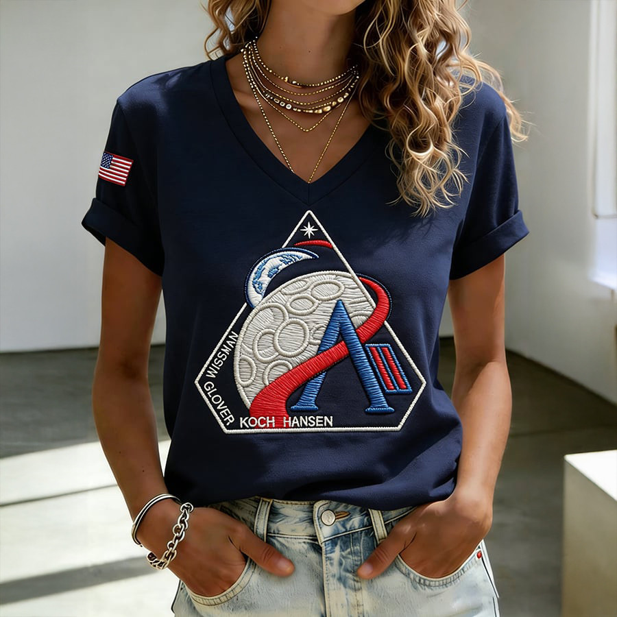 NASA Artemis Word Art V-Neck T-Shirt Moon Landing Mission Patch Apparel Science Teacher Gift