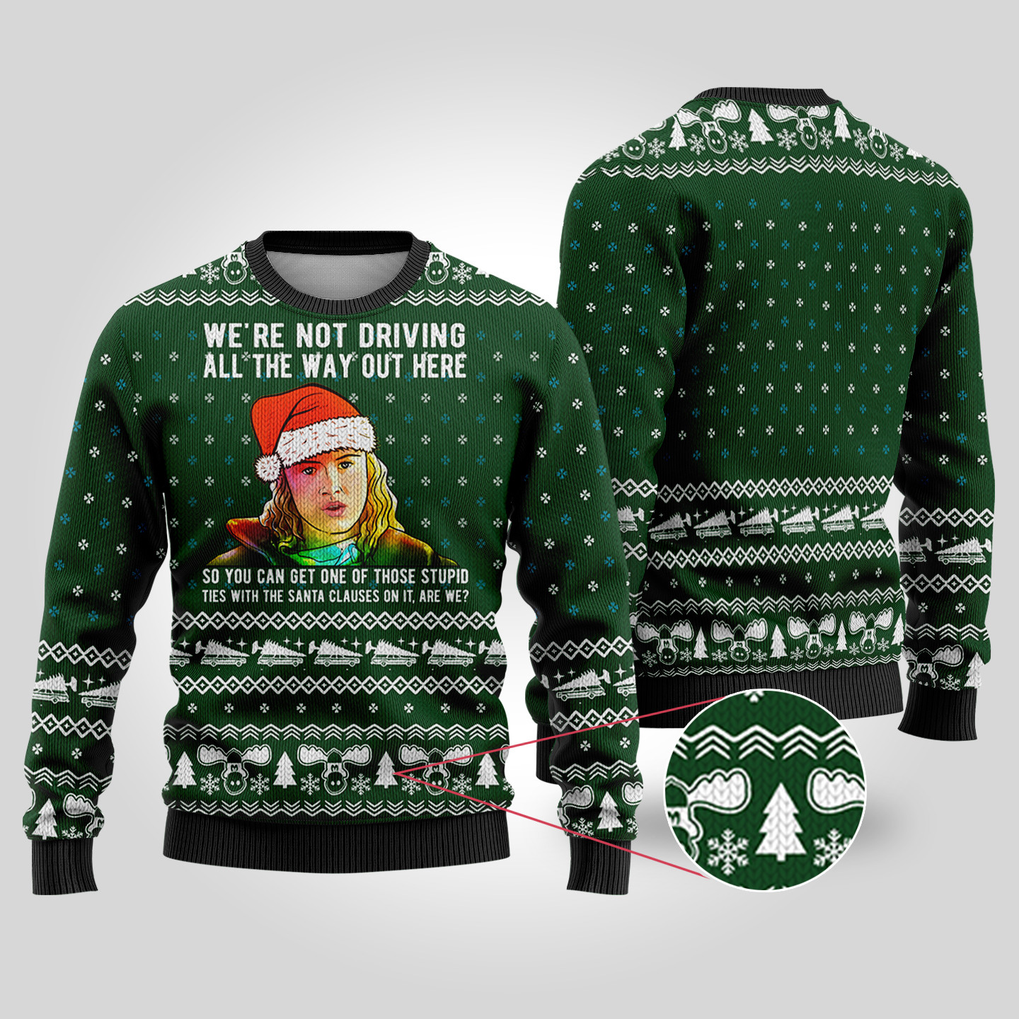 National Lampoon Audrey Not Driving Forest Green Ugly Christmas Sweater Trendy Christmas Sweater for Winter Outfits