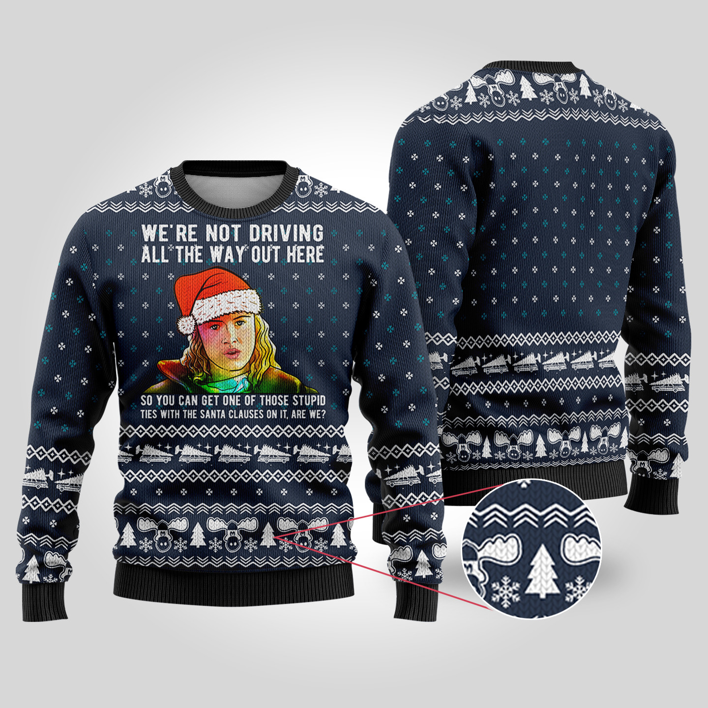 National Lampoon Audrey Not Driving Navy Ugly Christmas Sweater Holiday Merch That Makes a Perfect Christmas Gift