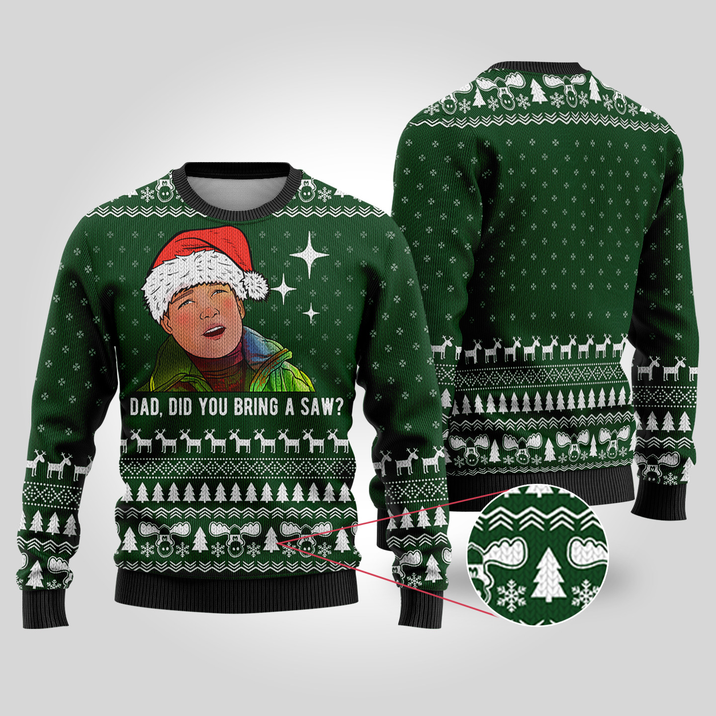 National Lampoon Bring A Saw Rusty Forest Green Ugly Sweater Trendy Christmas Sweater for Winter Outfits