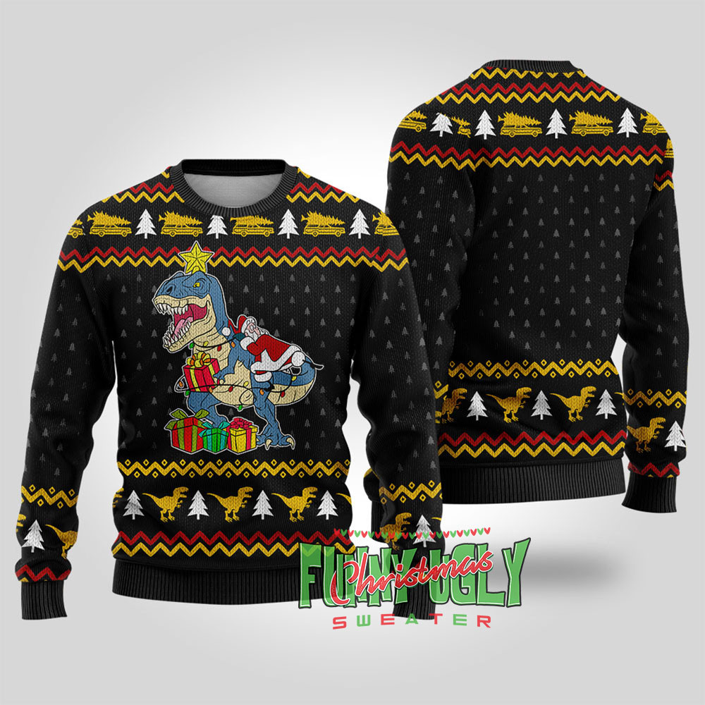 National Lampoon Santa On Dinosaur Christmas Sweater Black Unique Holiday Merch Gift for Home and Family