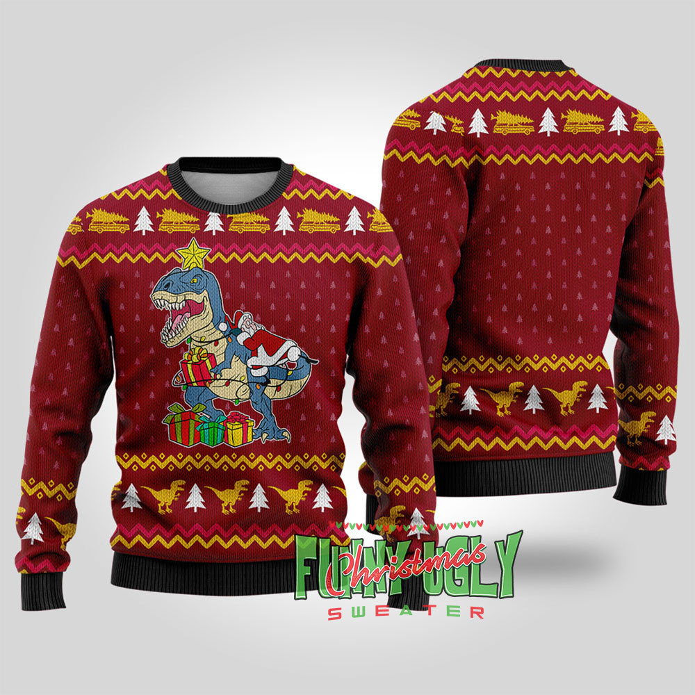 National Lampoon Santa On Dinosaur Christmas Sweater Cardinal Red Perfect Gift Sweater for Friends and Family