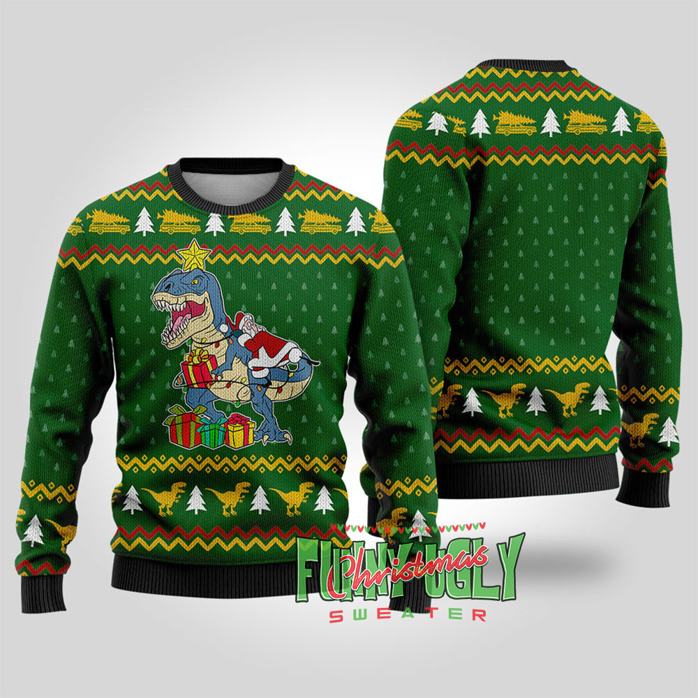 National Lampoon Santa On Dinosaur Christmas Sweater Forest Green Perfect Gift Sweater for Friends and Family