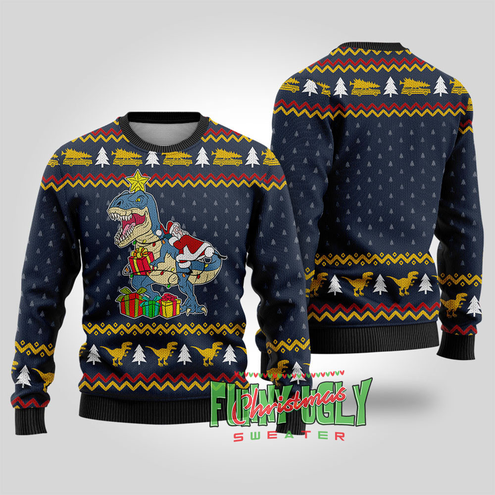 National Lampoon Santa On Dinosaur Christmas Sweater Navy Cozy Christmas Sweater for Holiday Season