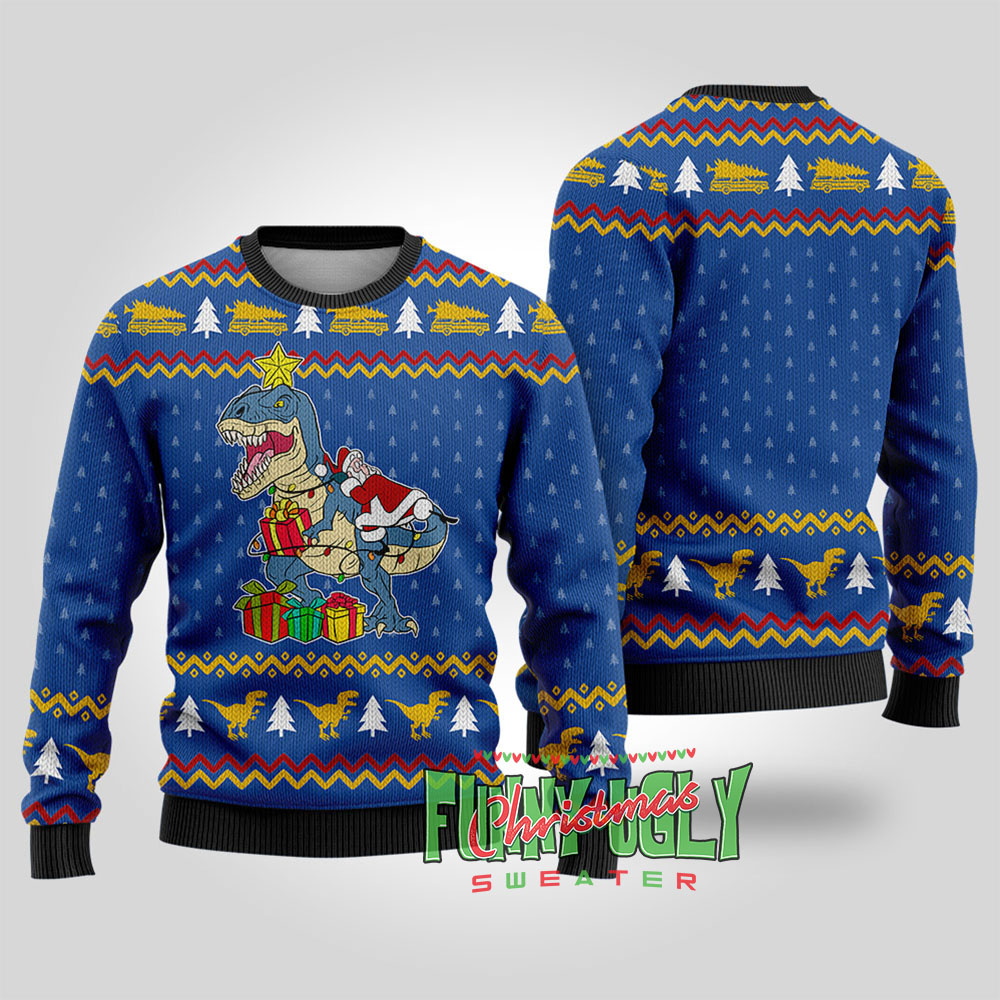 National Lampoon Santa On Dinosaur Christmas Sweater Royal Warm Winter Sweater to Brighten Your Holidays