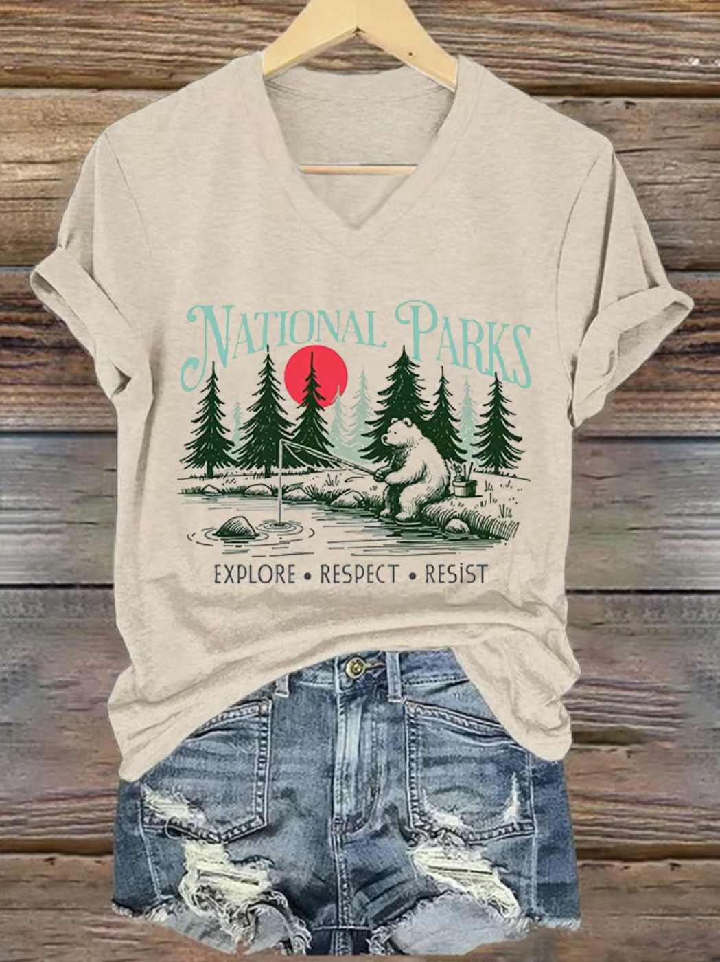 National Park Explore Respect Resis Bear V-Neck T-Shirt National Park Apparel Gifts For Her