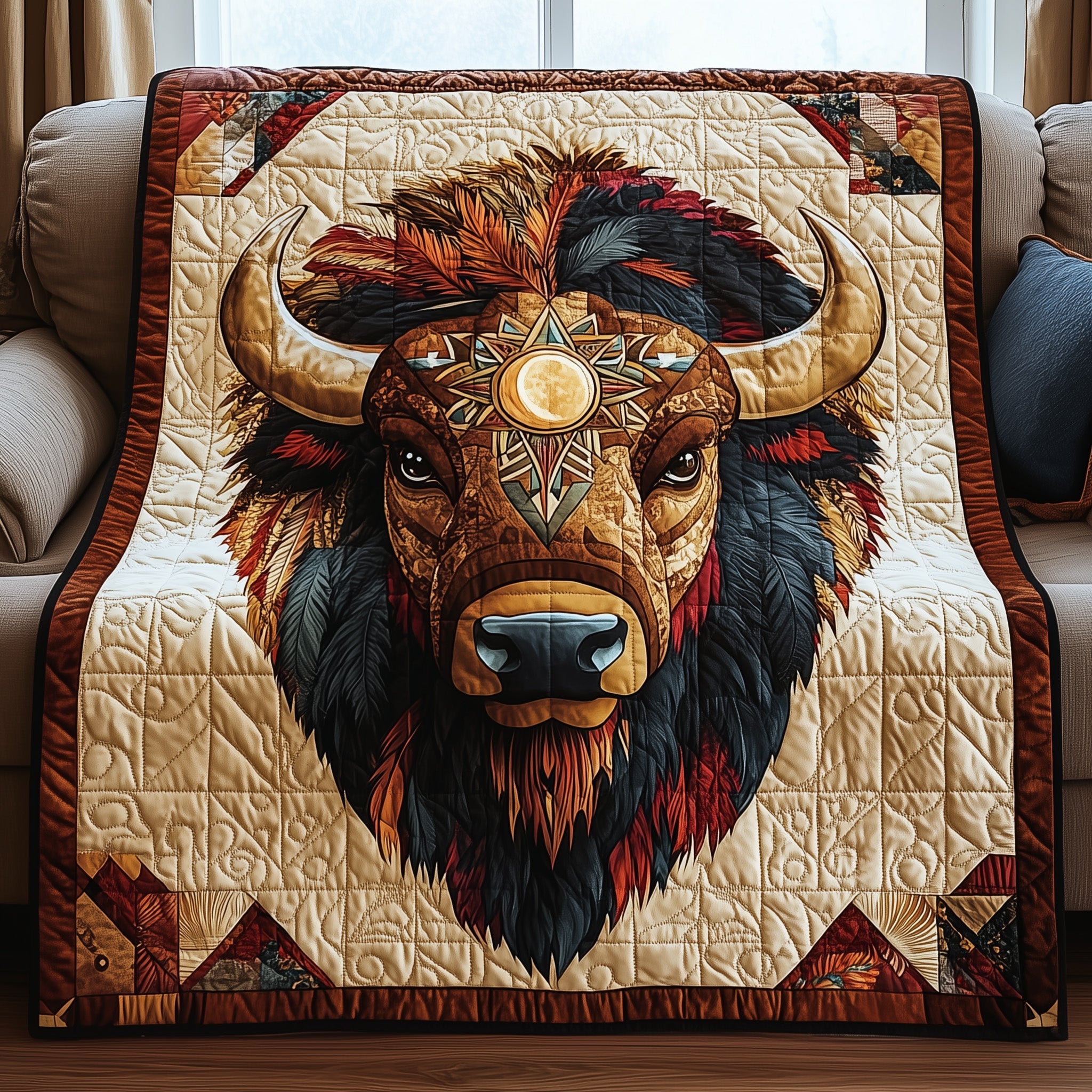 Native American Bison Quilted Blanket Cute Cozy BlanketNovelty Bison Gifts