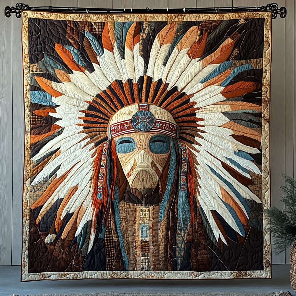 Native American Chief Headdress Quilted Blanket Indigenous Art Throw Best Gift For Native Culture Lovers