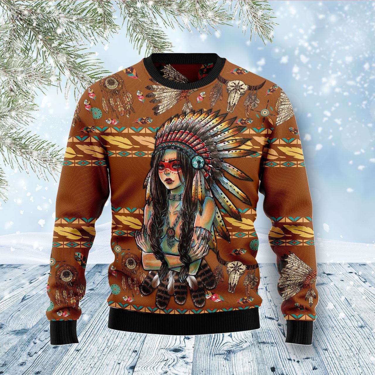 Native American Feather Headdress Ugly Christmas Sweater Native Xmas Gifts For Her