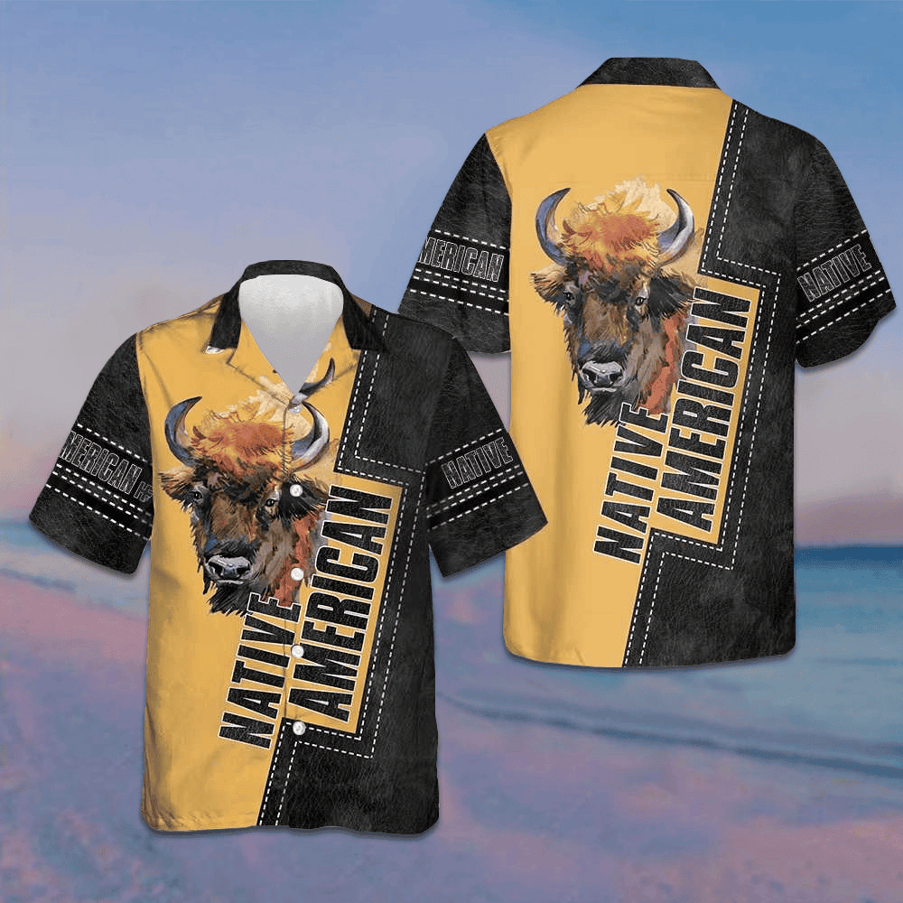 Native American Forest Bison Hawaiian Shirt Black And Yellow Button Up Shirt Men's