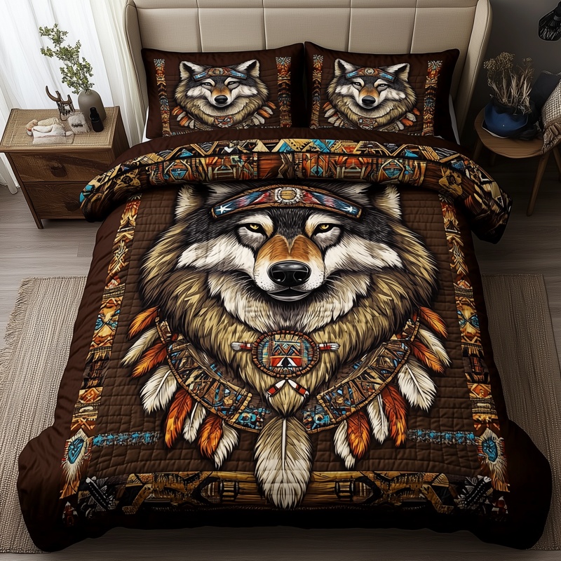 Native American Wolf Quilted Bedding Set Tribal Bedroom Decor Best Gift For Wolf Lovers