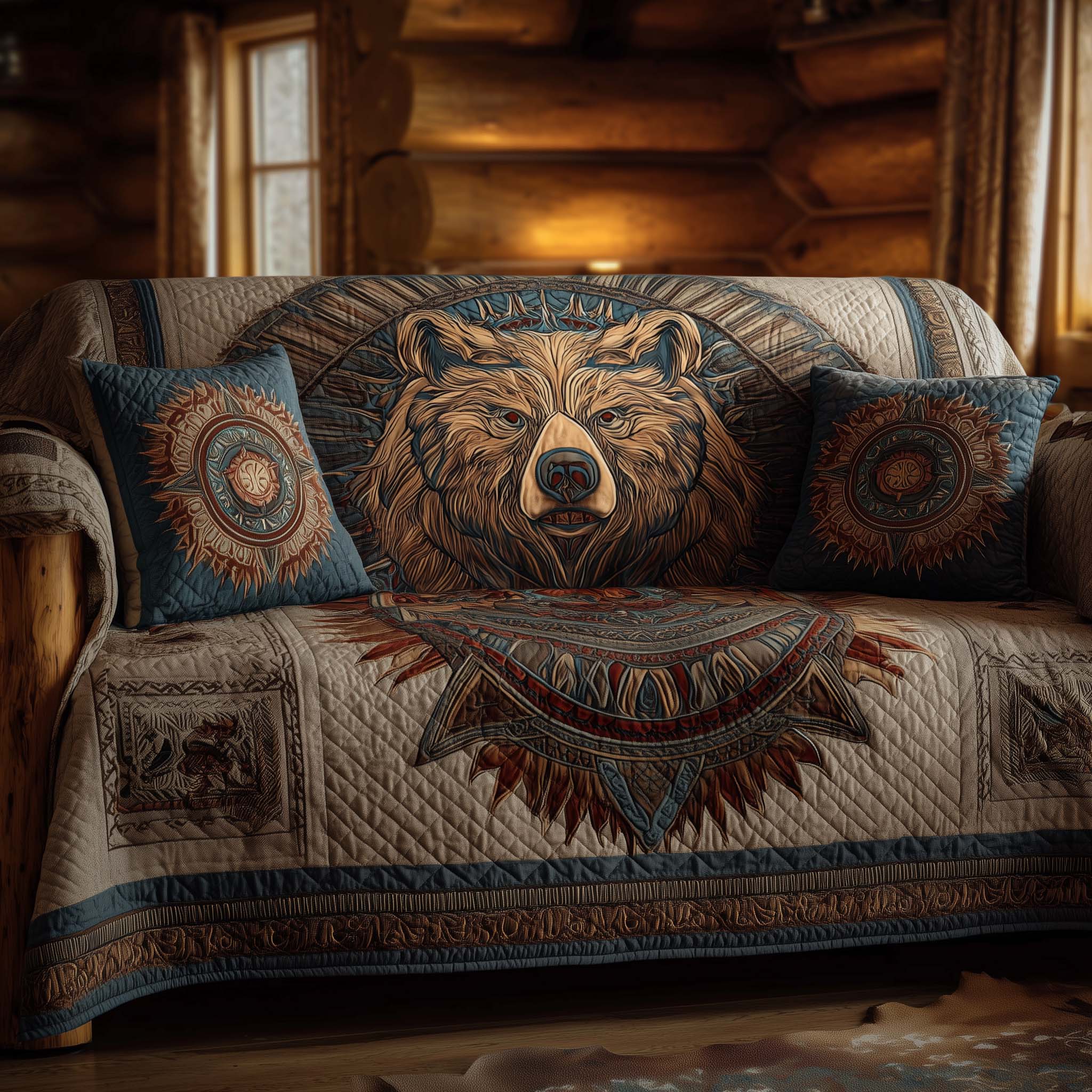 Native Bear Quilted Sofa Cover Tribal Strength Design Best Unique Gifts For Bear Lovers