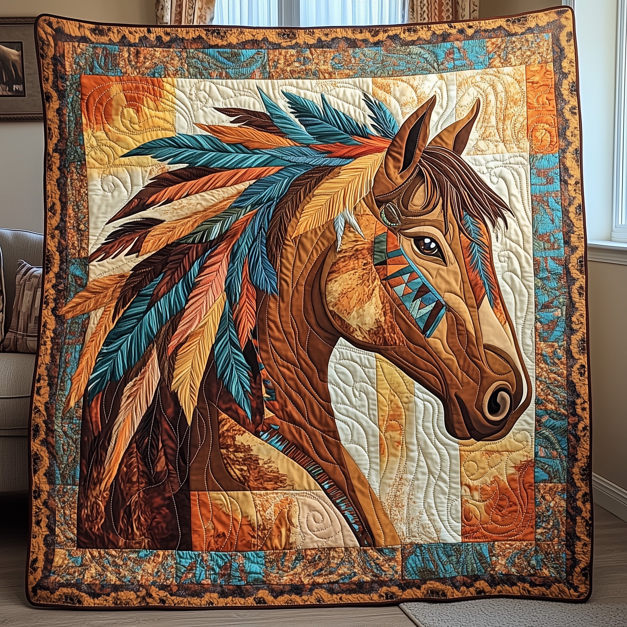 Native Horse Quilted Blanket Cute Cozy BlanketUnique Equestrian Gifts Native American