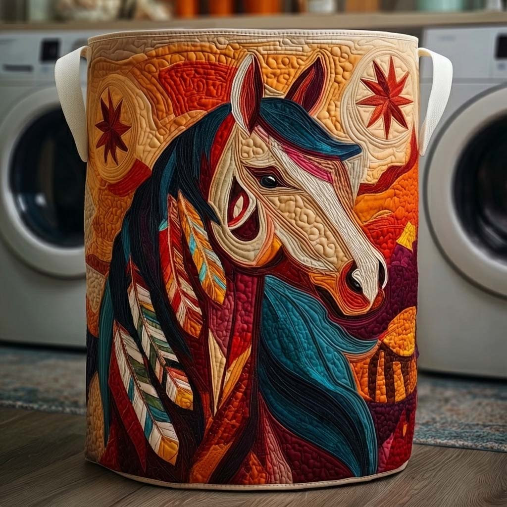 Native Horse Quilted Laundry Basket Boho Home Decor Horse Lover Gift Ideas