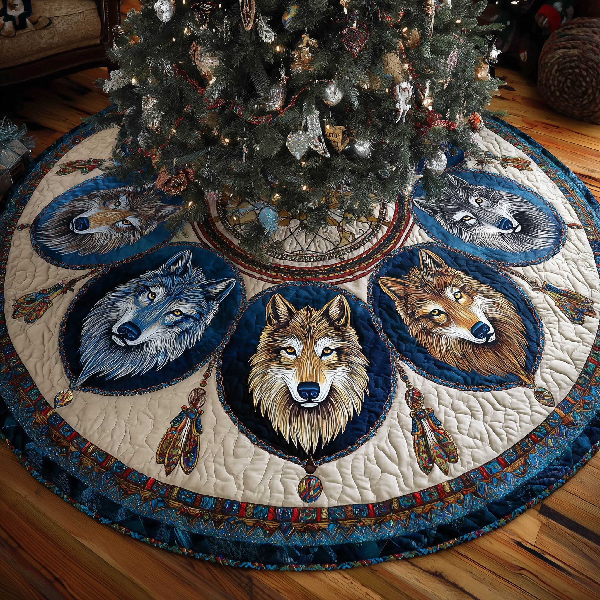 Native Howling Quilted Tree Skirt Aesthetic Home Decor Wildlife Lover Christmas Gifts