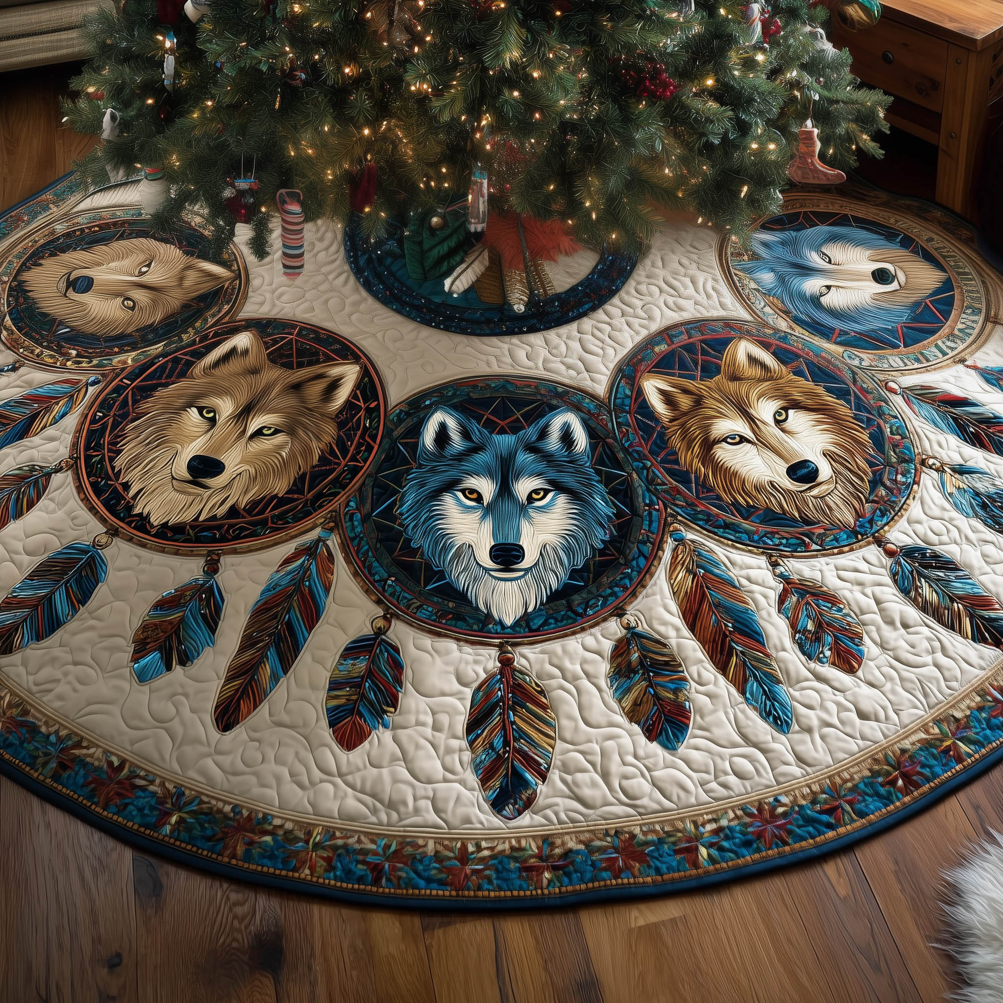 Native Howling Quilted Tree Skirt Animal Themed Trending Home Decor 2025 Wolf Lover Presents