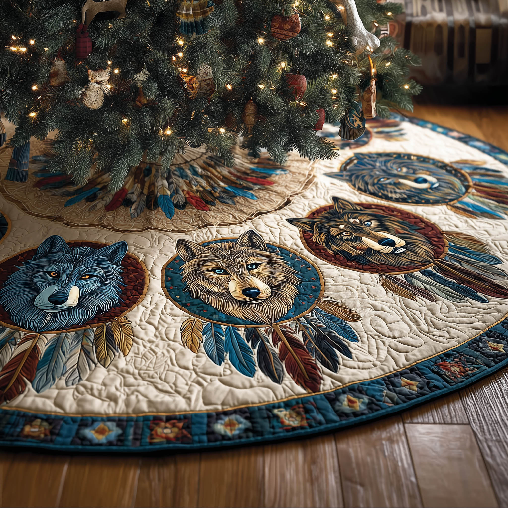 Native Howling Quilted Tree Skirt Boho Home Decor Best Gifts For Wolf Lovers