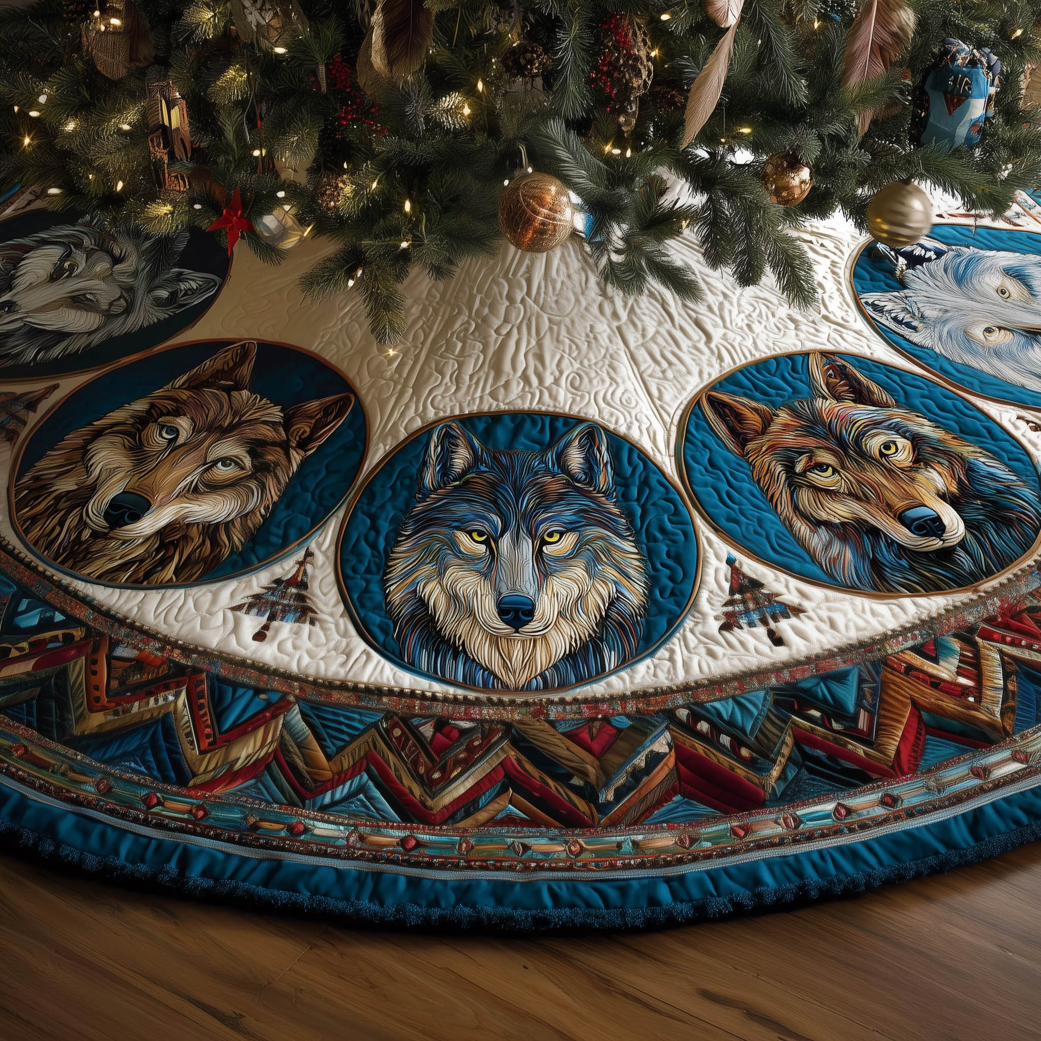 Native Howling Quilted Tree Skirt Boho Home Decor Cool Gifts For Wolf Lovers
