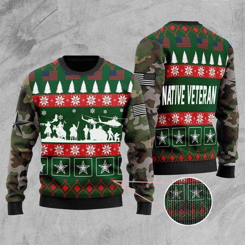 Native Veteran US Army Ugly Christmas Sweater Military Camo Christmas Gift For Veterans