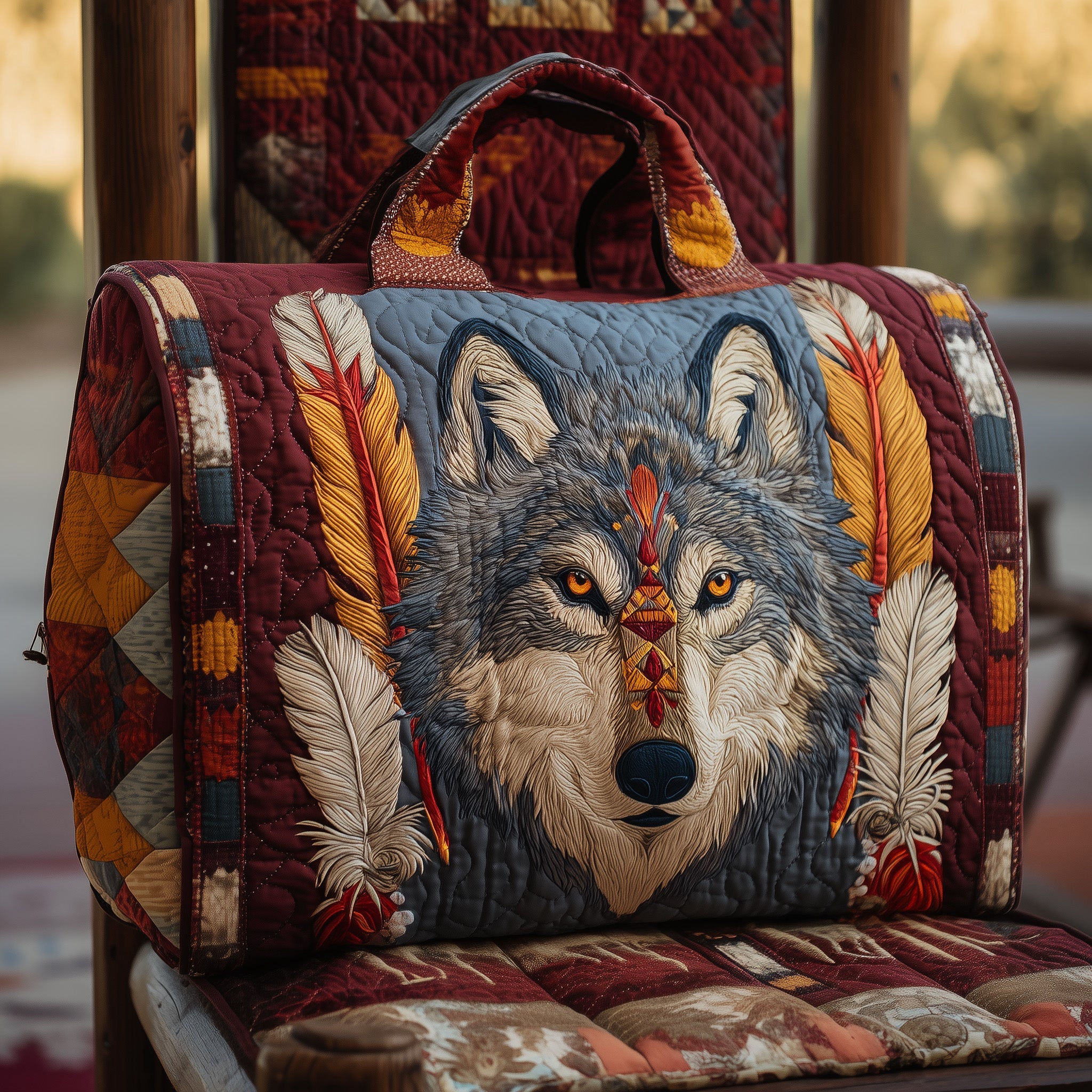 Native Wolf Quilted Duffle Bag Gift For Her