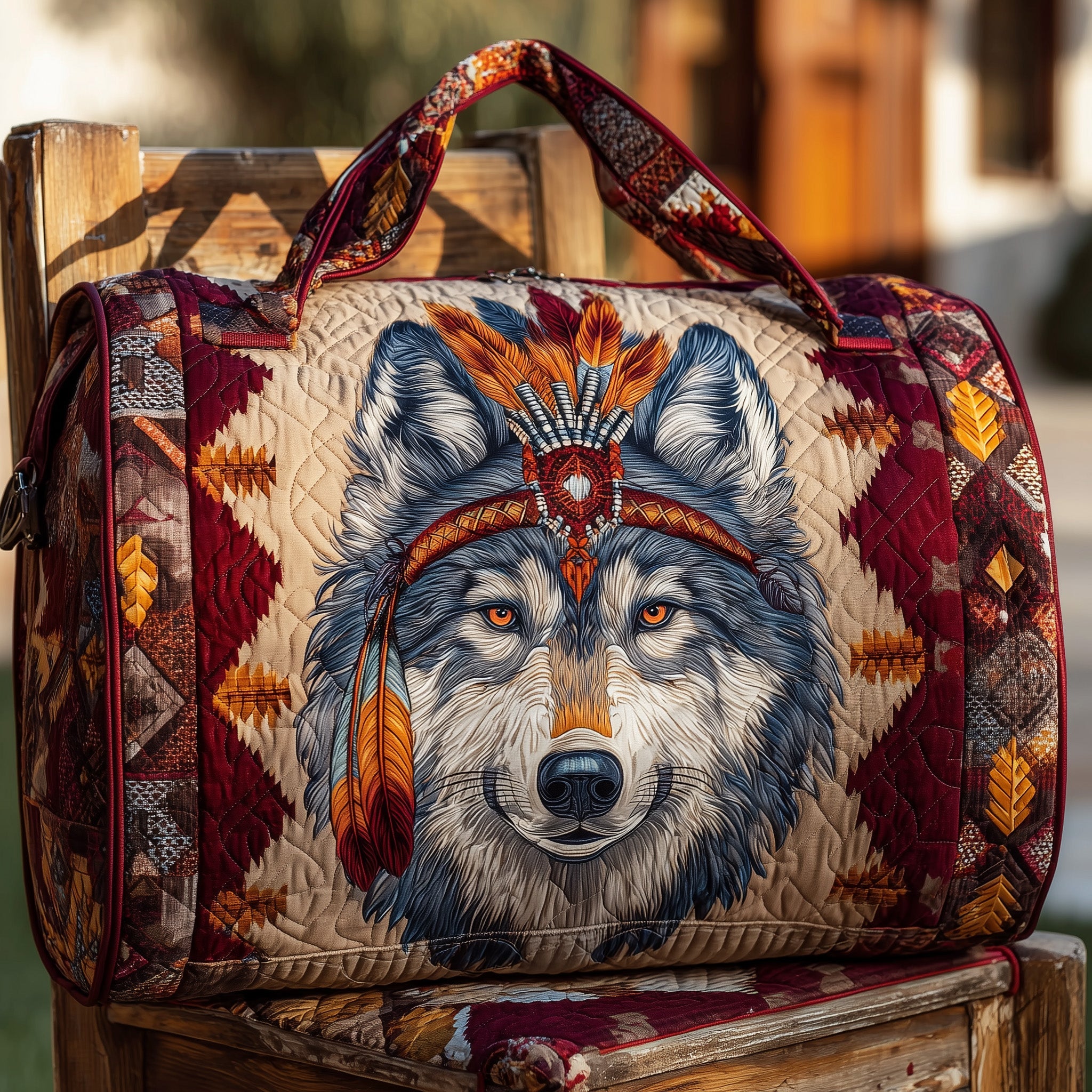 Native Wolf Quilted Duffle Bag Gift For Him