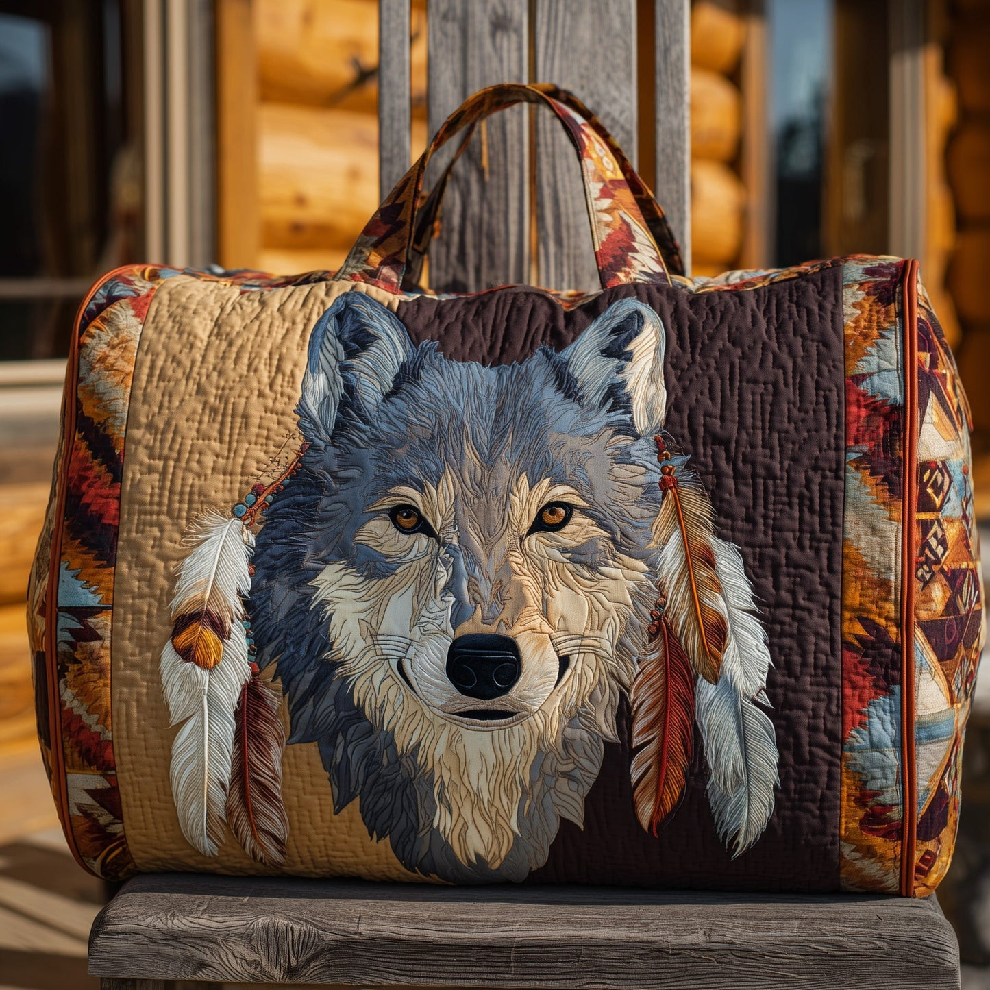 Native Wolf Quilted Duffle Bag Wildlife Travel Bag Best Gift For Camping Lovers