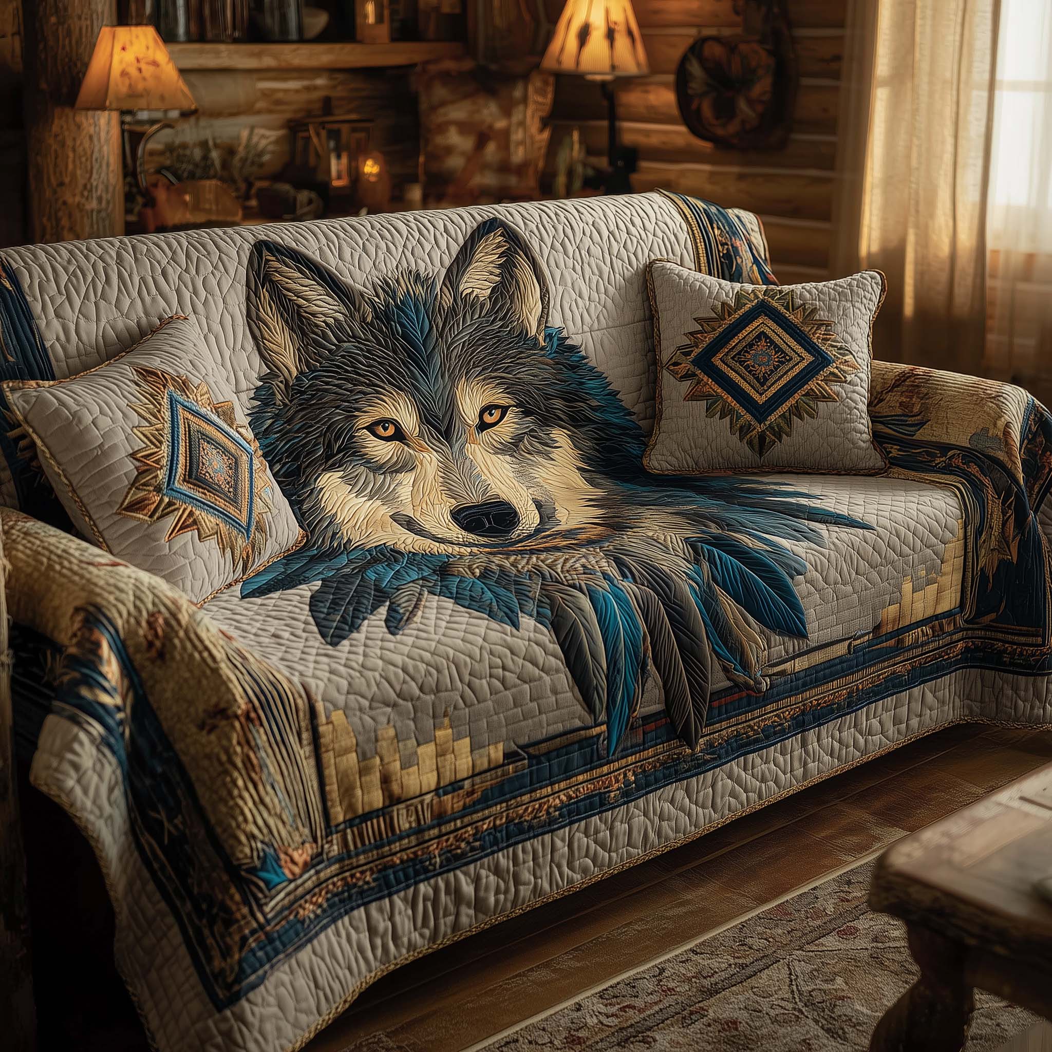 Native Wolf Quilted Sofa Cover Indigenous Wildlife Spirit Design Wolf Gifts For Him Her