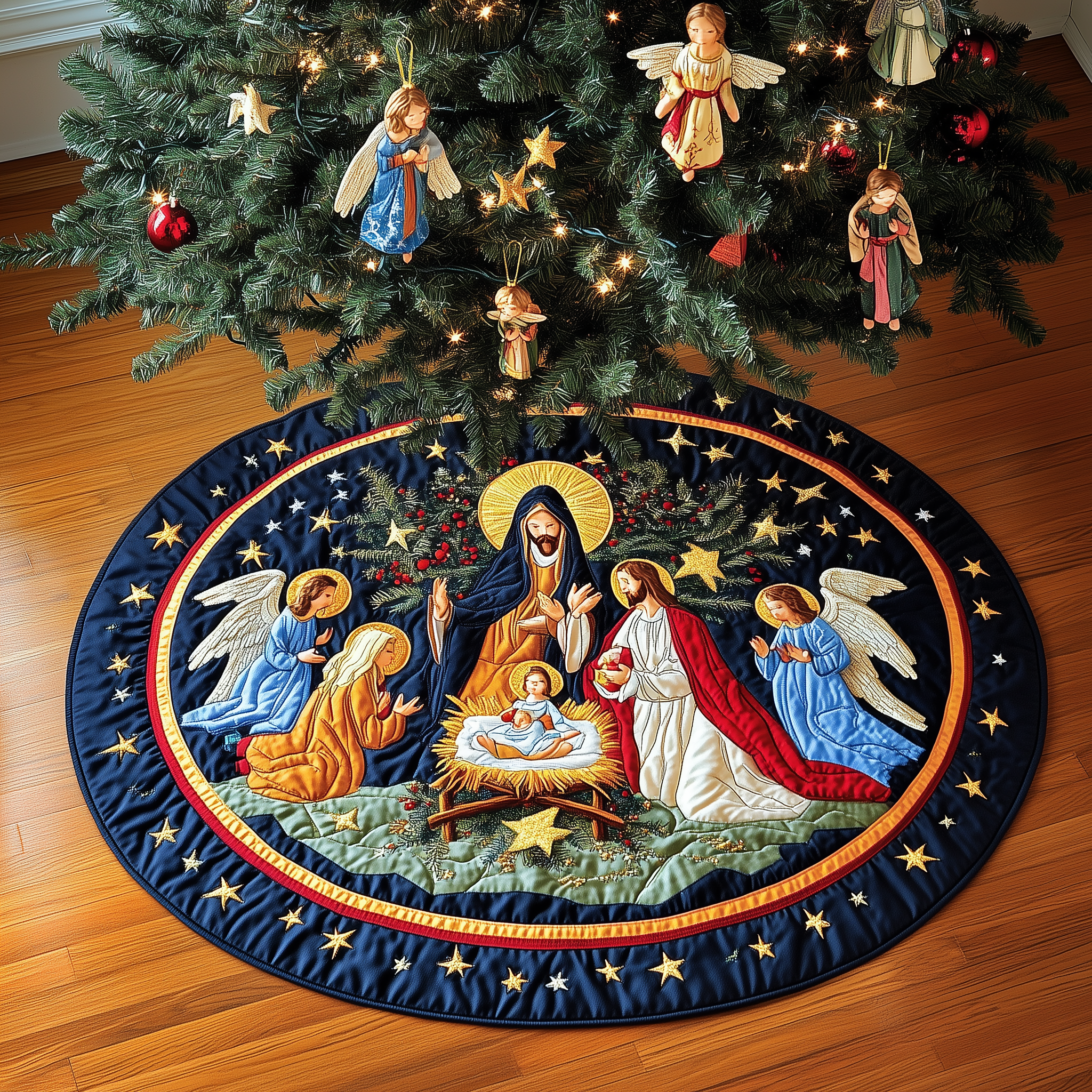 Nativity Blessing Quilted Tree Skirt Best Tree Skirts Indoor Nativity Scene Christmas Decorations