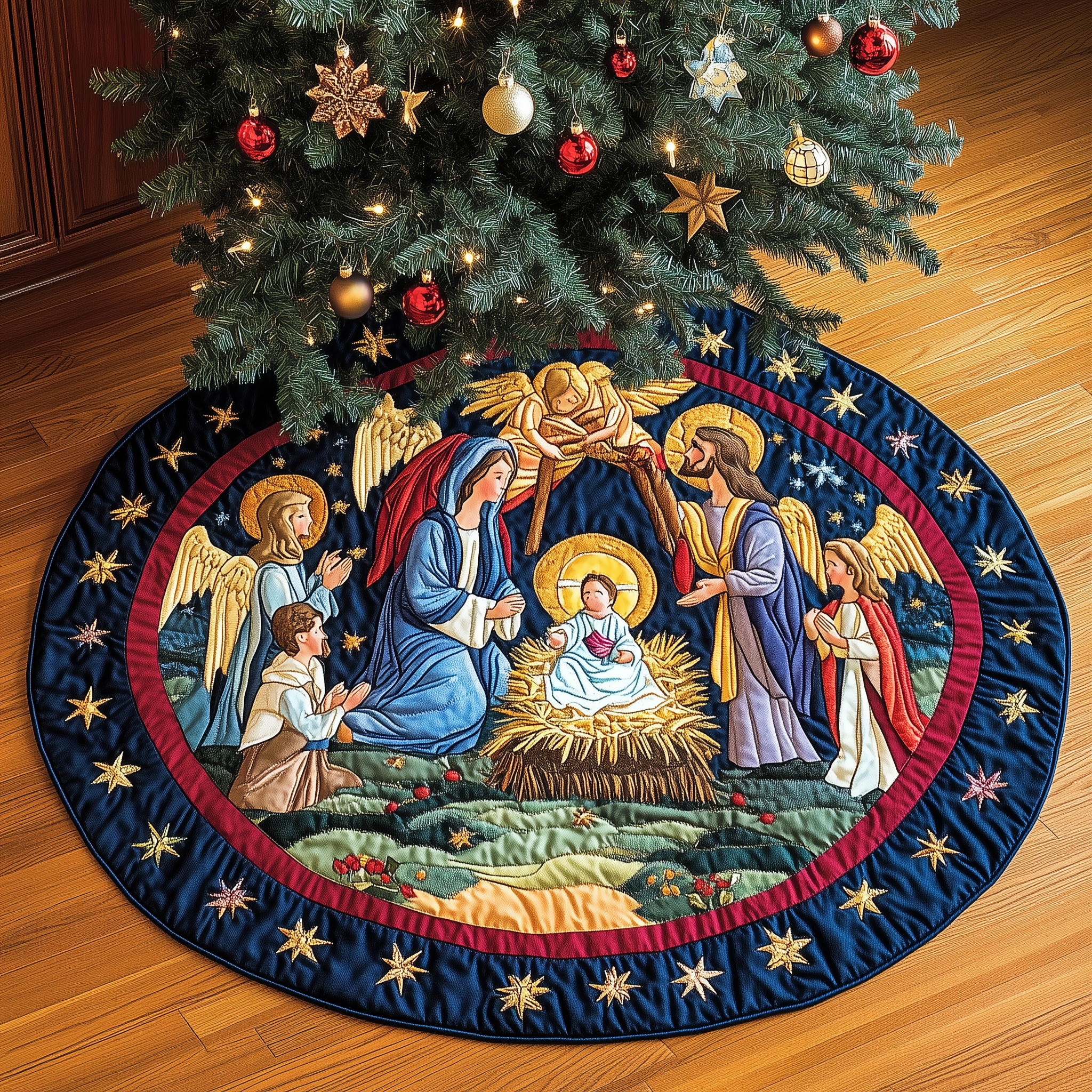 Nativity Blessing Quilted Tree Skirt Best Tree Skirts Indoor Nativity Scene Christmas Decorations