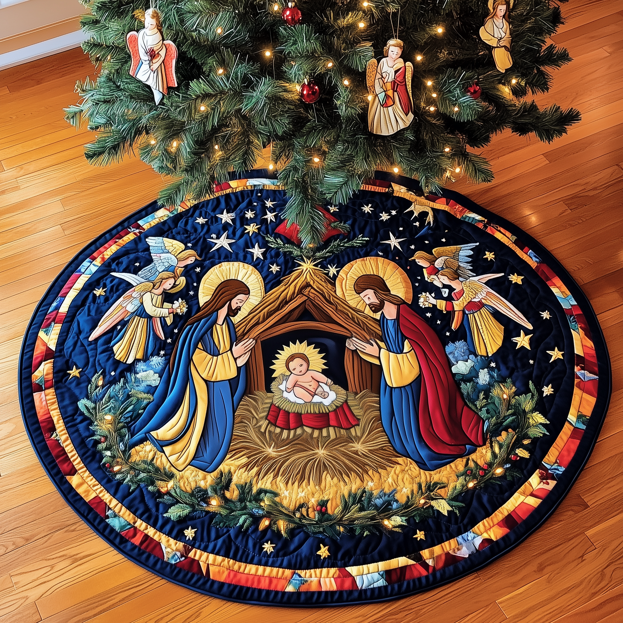Nativity Blessing Quilted Tree Skirt Best Tree Skirts Indoor Nativity Scene Christmas Decorations