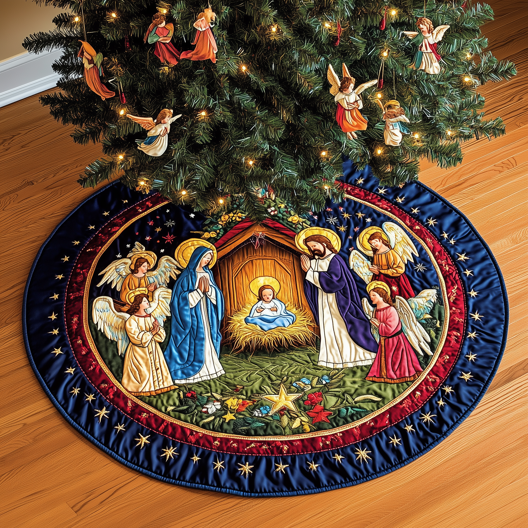 Nativity Blessing Quilted Tree Skirt Best Tree Skirts Indoor Nativity Scene Christmas Decorations