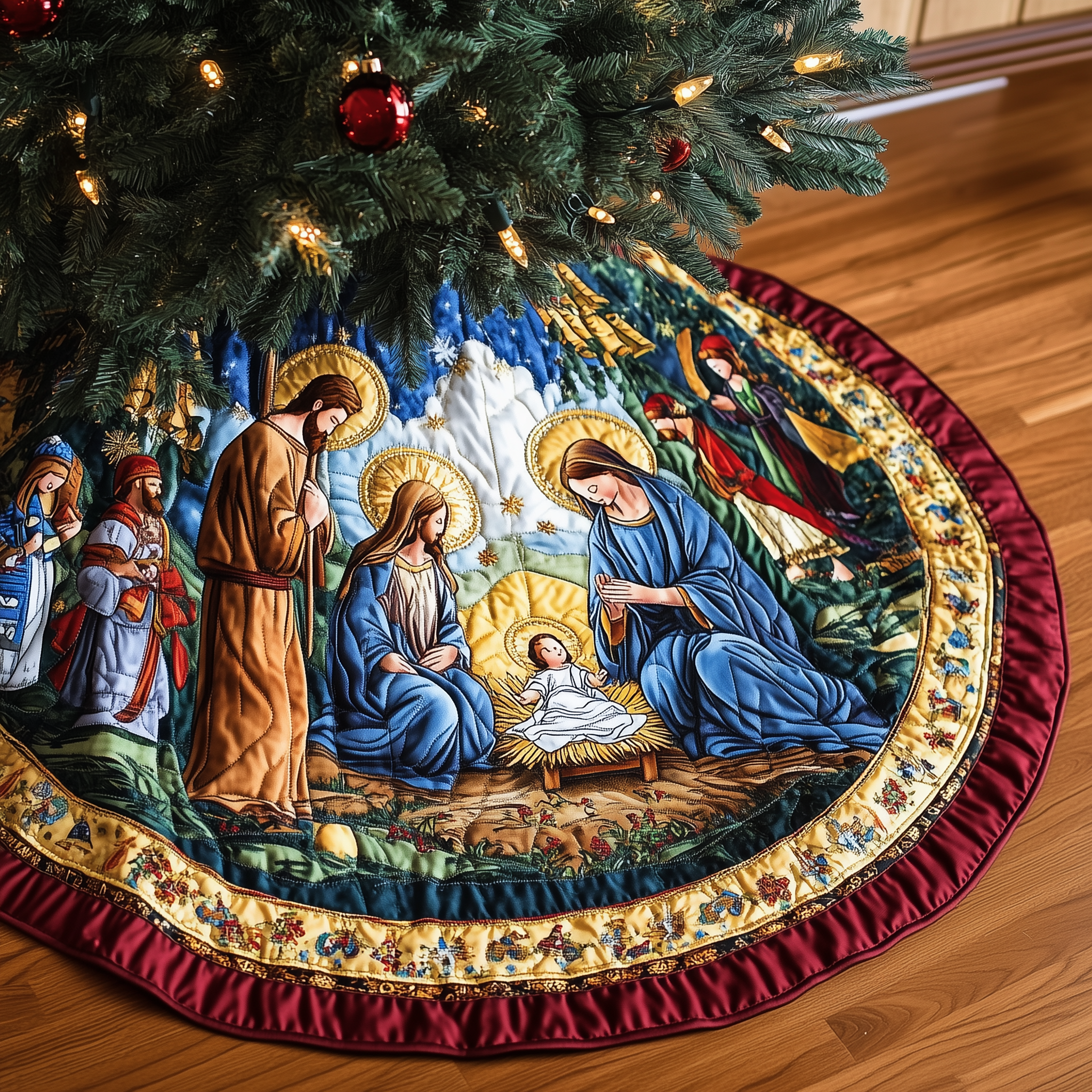 Nativity Blessing Quilted Tree Skirt With Nativity Scene Holiday Indoor Christmas Home Decorations