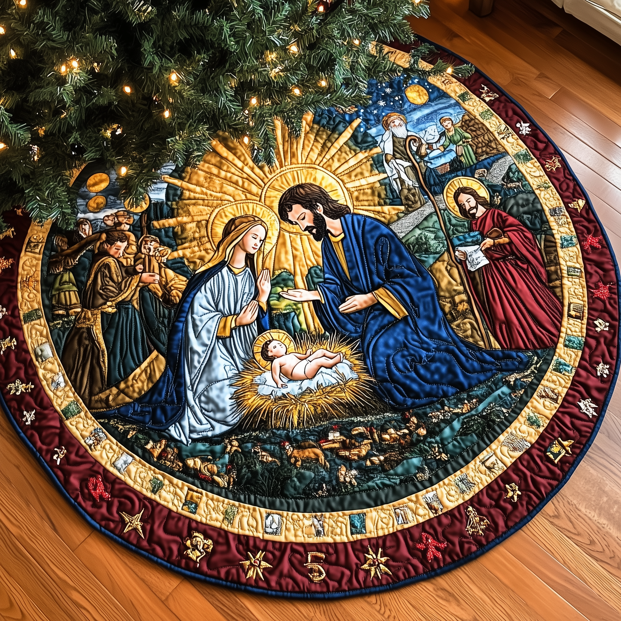 Nativity Blessing Quilted Tree Skirt With Nativity Scene Holiday Indoor Christmas Home Decorations