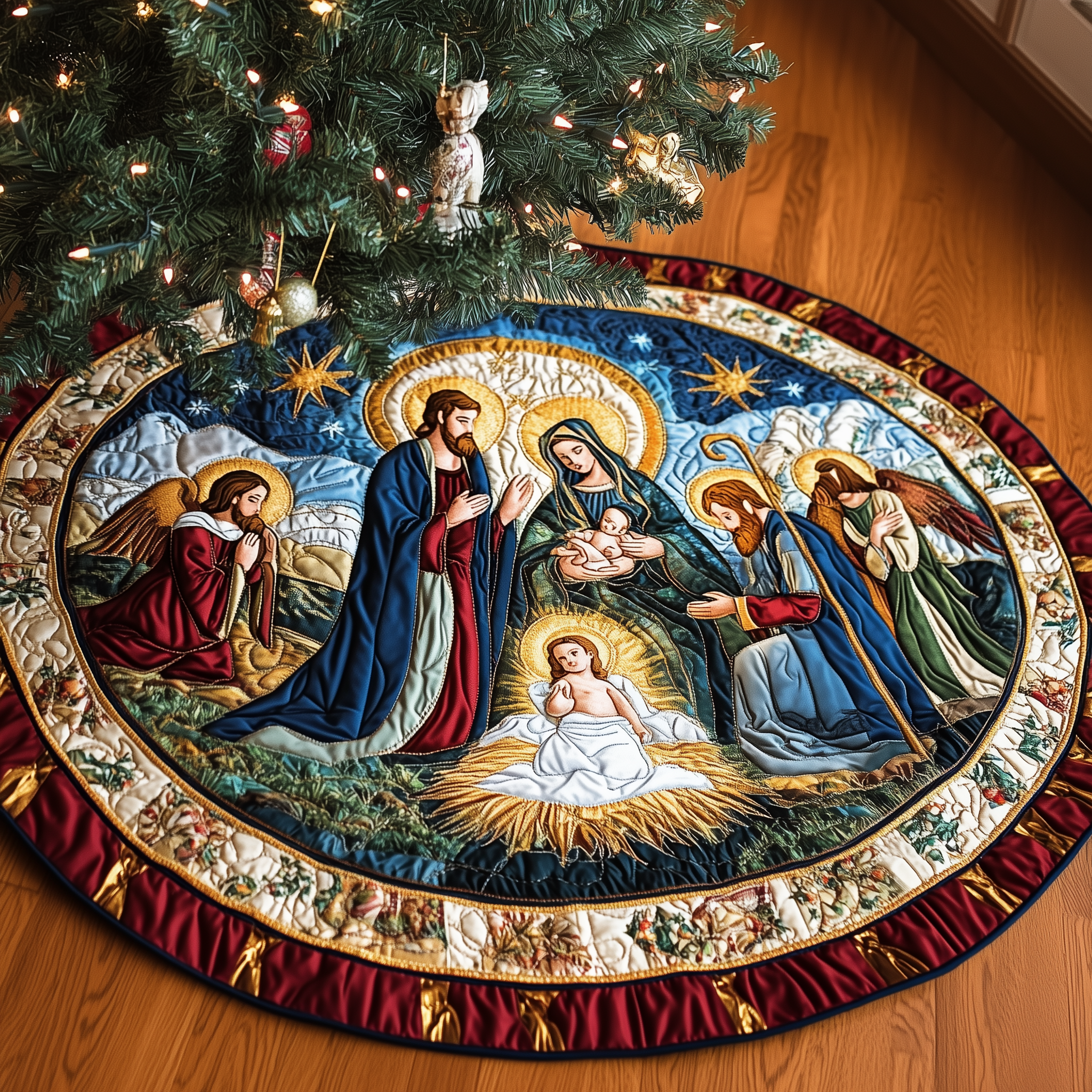 Nativity Blessing Quilted Tree Skirt With Nativity Scene Holiday Indoor Christmas Home Decorations