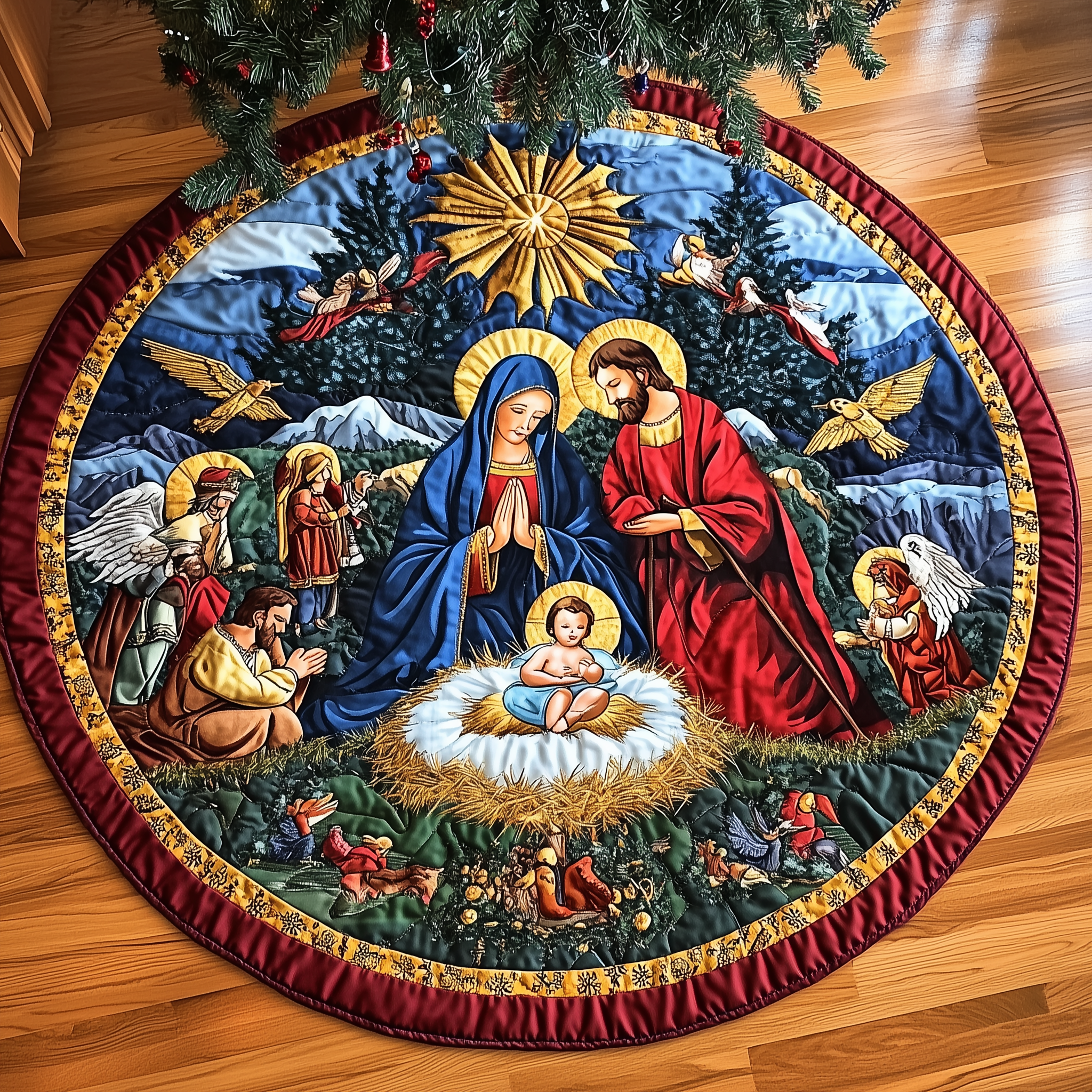 Nativity Blessing Quilted Tree Skirt With Nativity Scene Holiday Indoor Christmas Home Decorations