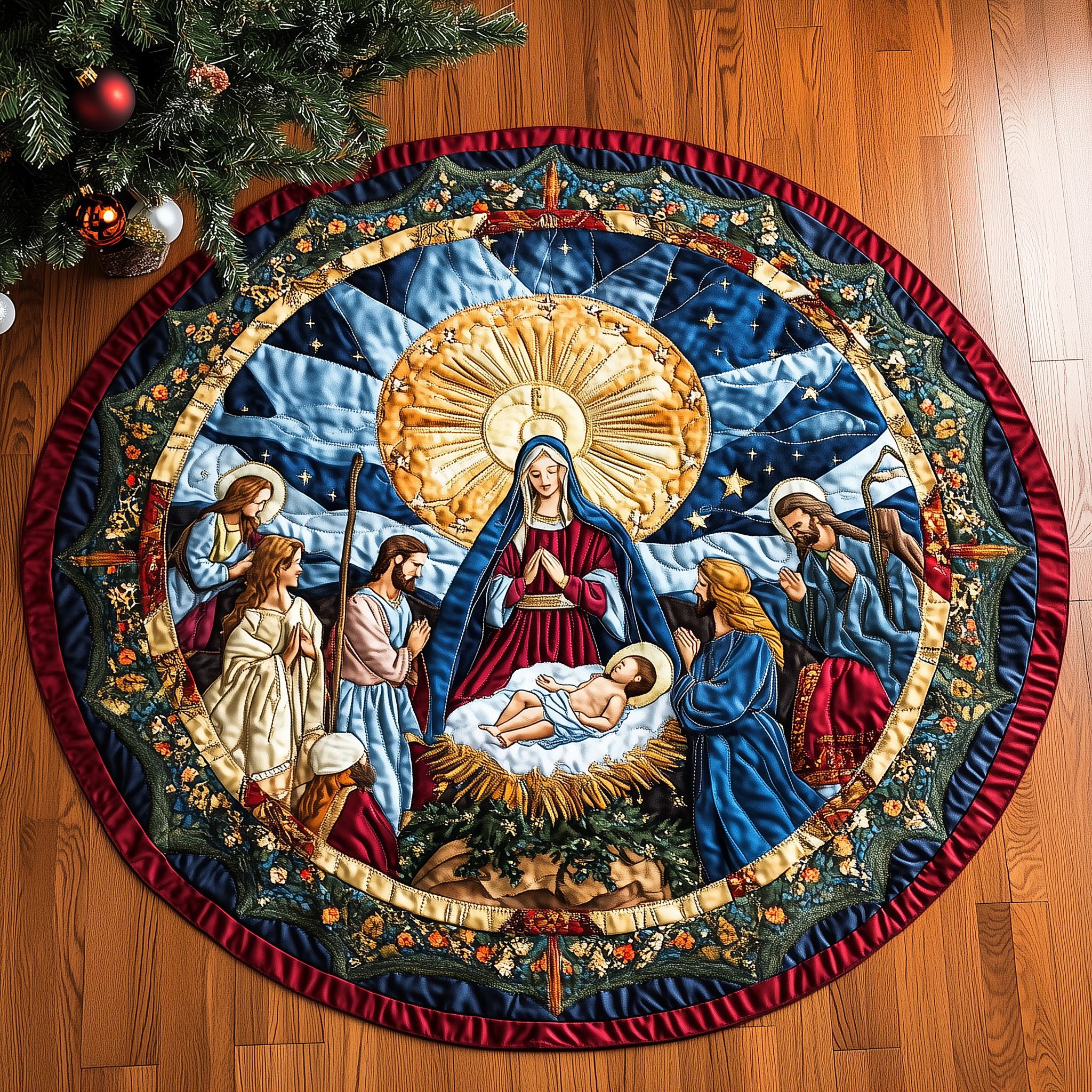Nativity Blessing Quilted Tree Skirt With Nativity Scene Holiday Indoor Christmas Home Decorations