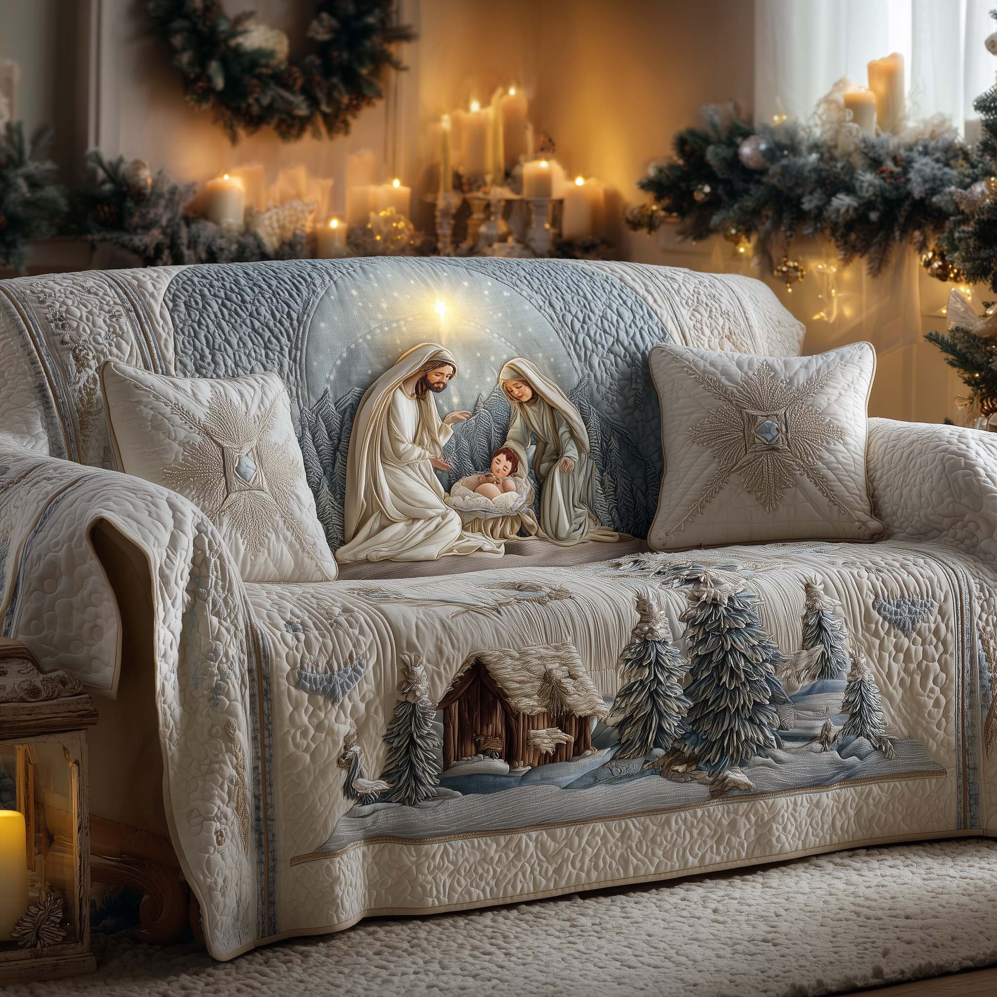 Nativity Grace Quilted Sofa Cover Peaceful Manger Scene Protector Christian Religious Gifts