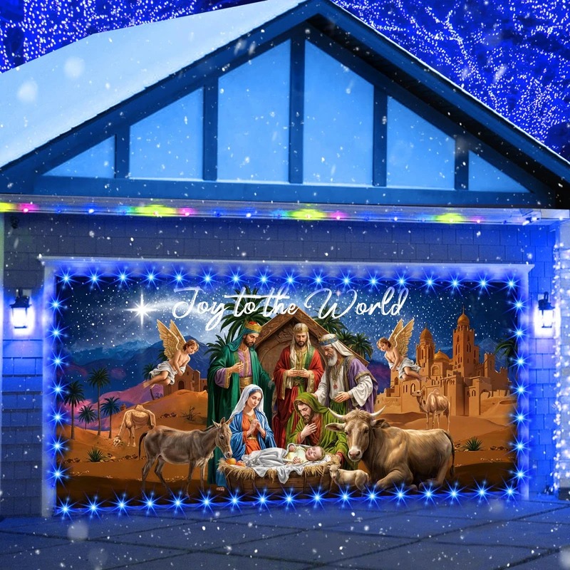 Nativity Joy To The World Christmas Garage Door Cover Outside Decor Jesus Related Gifts